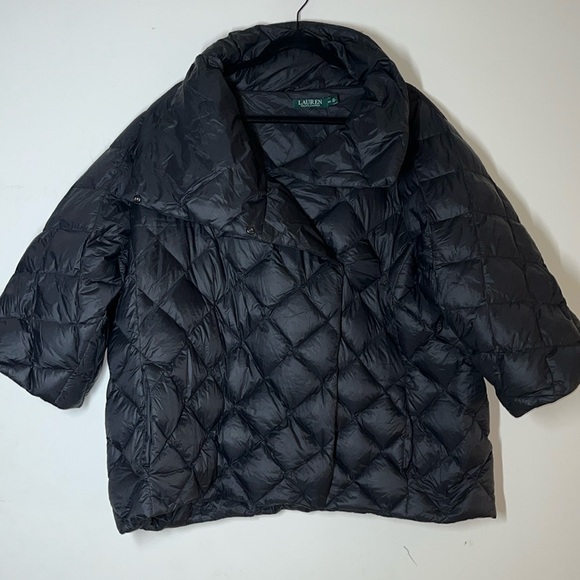 Ralph Lauren Quilted Puffer Coat 3/4 Sleeve Sz 2XL Black Kimono Down Funnel Neck - Picture 1 of 10